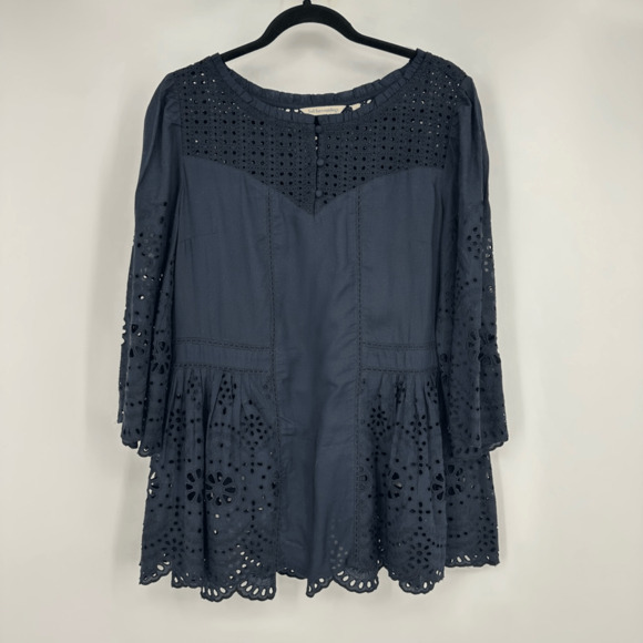Soft Surroundings Womens S Alejandra Peplum Top Eyelet Bell Sleeves Tunic Navy - Picture 9 of 9